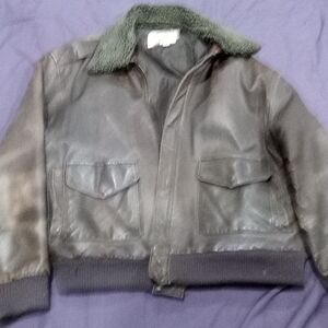 Brown Leather Jacket with Green Collar